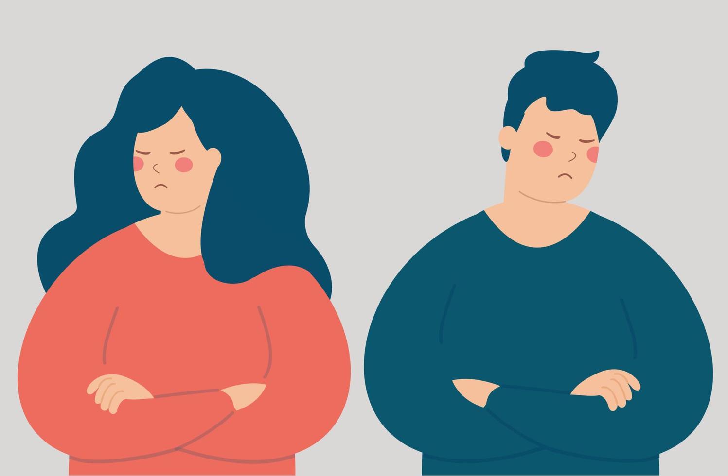 Young woman and man on the brink of breakup or divorce. Heartbroken sad couple. Two friends argue and quarrel look sad. Relationship difficulty, family crisis concept. Vector illustration