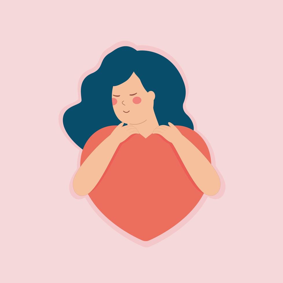 A happy woman hugs or embraces a big red heart with care and love. Illustration about self acceptance and peace concept. Women's, Mothers and Valentine's Day card. vector