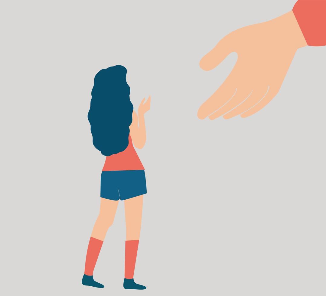 Big hand helps a woman in back view to get rid of depression, stress. Extending hand supports a girl with psychological problems. Illustration of faith in God, new life. Mental health disorder concept vector