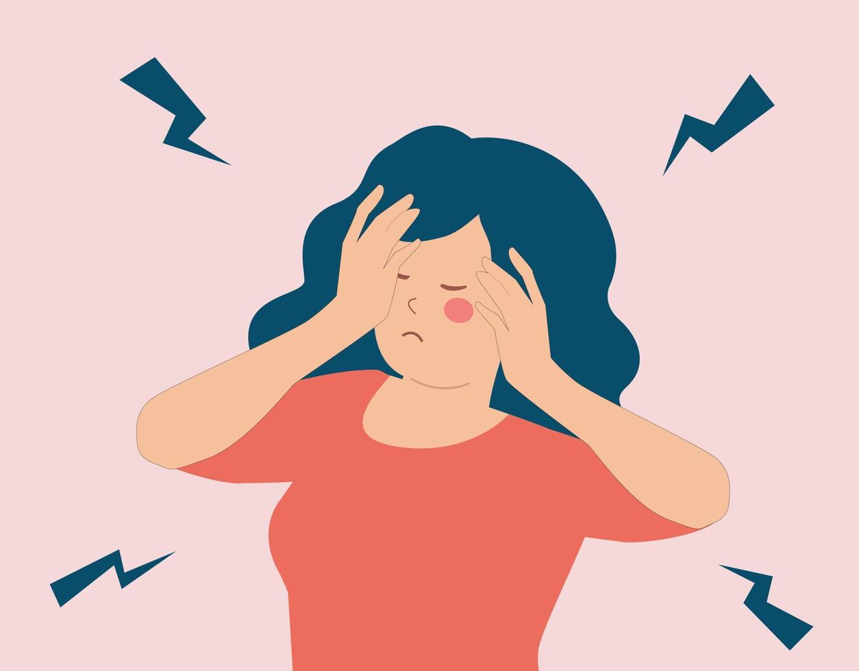 mujer estresada con estado de ánimo negativo, depresión y ansiedad. mujer deprimida cubriendo su rostro. concepto de trastorno o enfermedad de salud mental. ilustración de carácter con problemas psicológicos. vector