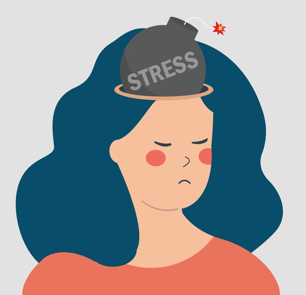Human mood scale. Woman carrying accumulate stress and emotional overload about to get hysteria or burnout. Illustration of burning fuse of daily pressure. Mental health disorder or illness concept. vector