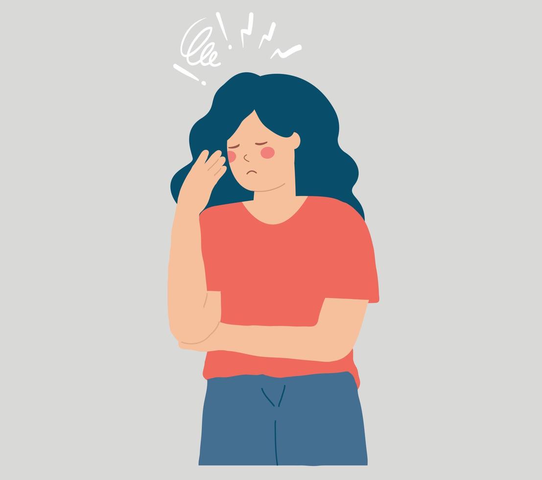 Depressed woman feels depression, anxiety and stress. Sad girl with emotional overload experiences burnout, dementia and amnesia. Concept of mental health disorder or illness. Vector illustration