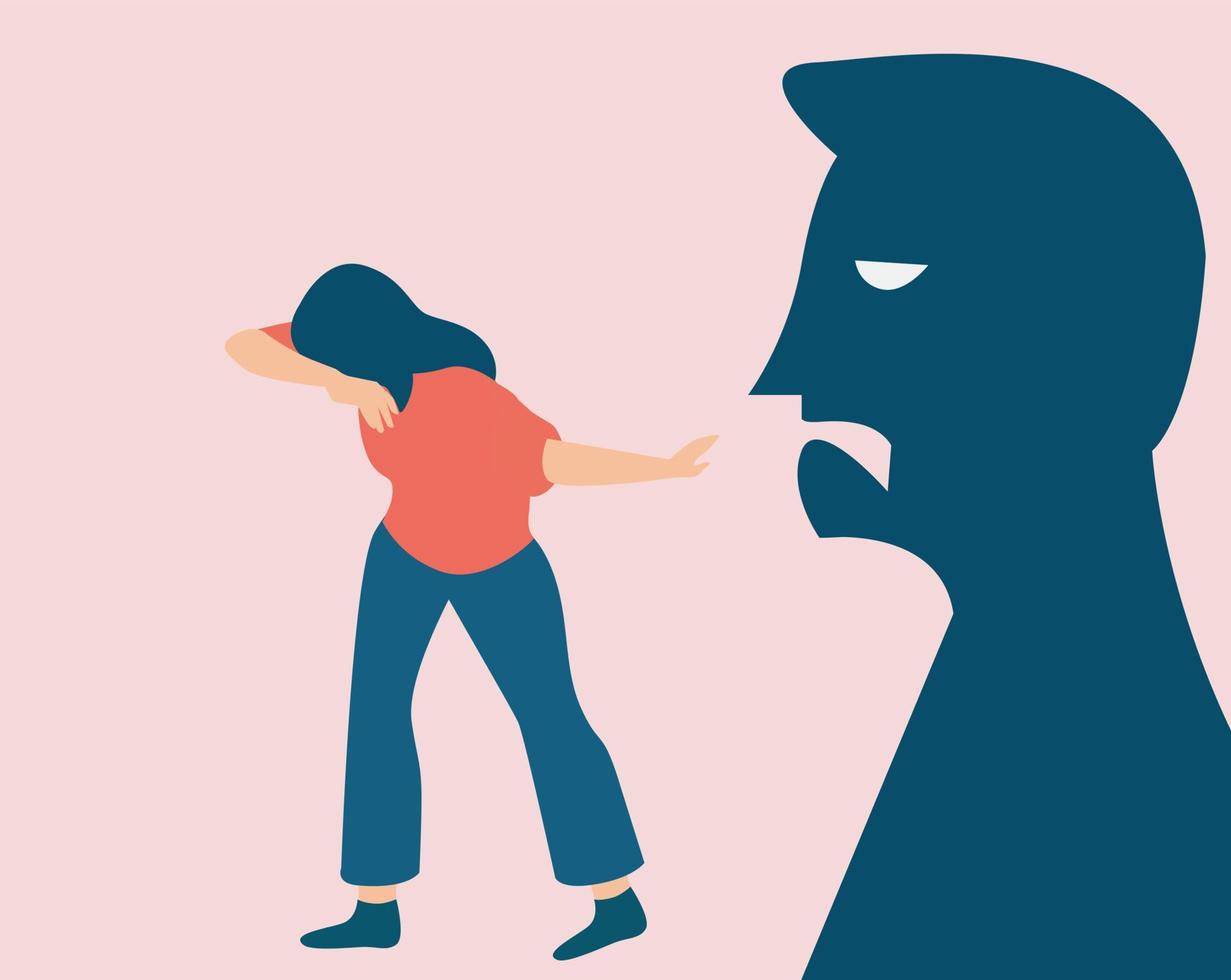 mujer asustada víctima del concepto de intimidación. sombra de una persona que culpa y grita a una mujer que se cubre la cara. detener el abuso verbal contra niños y mujeres. Di no a la prevención de la violencia doméstica. vector