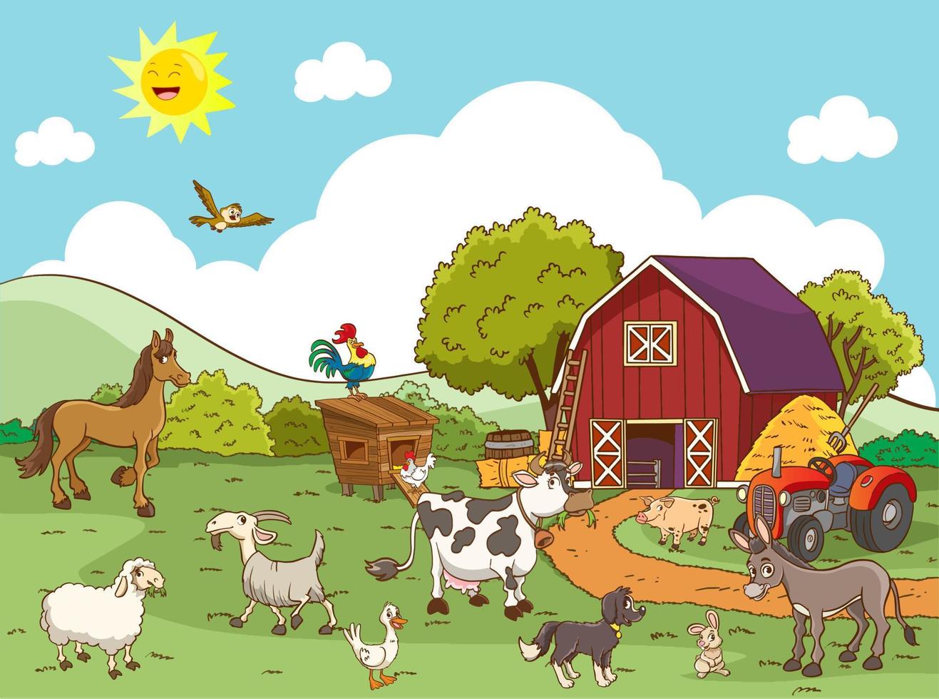 Cartoon farm animals in the farming background vector