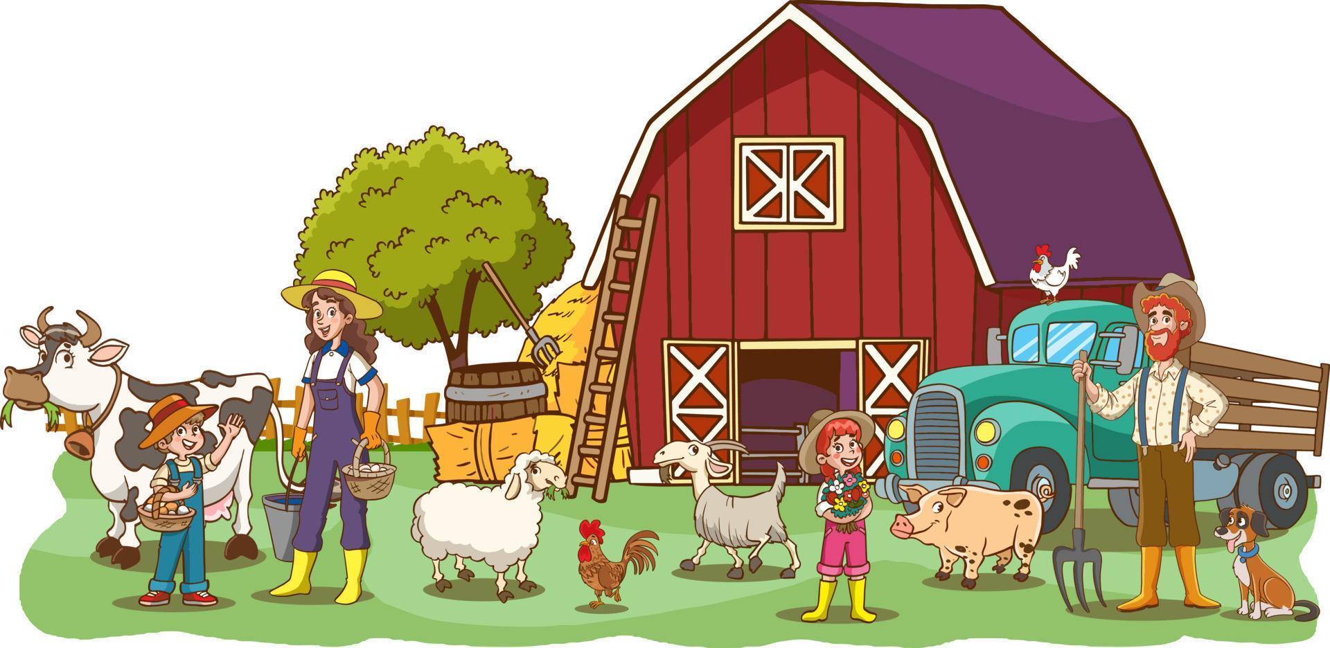 ilustración de granja familiar con madre, padre, hijos, heno, vaca, cerdo, ternero, vaca. paisaje rural del país con familia feliz trabajando en la granja. fondo de pueblo con jóvenes alegres, molino, gallo, granero vector