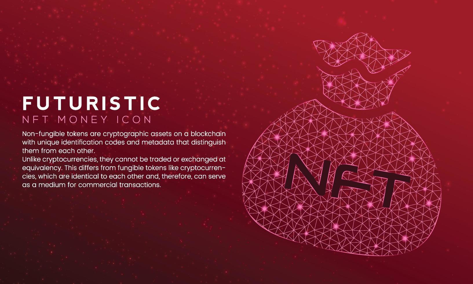 Red NFT coin bag with polygon node connected dots and neon effect wallpaper concept vector