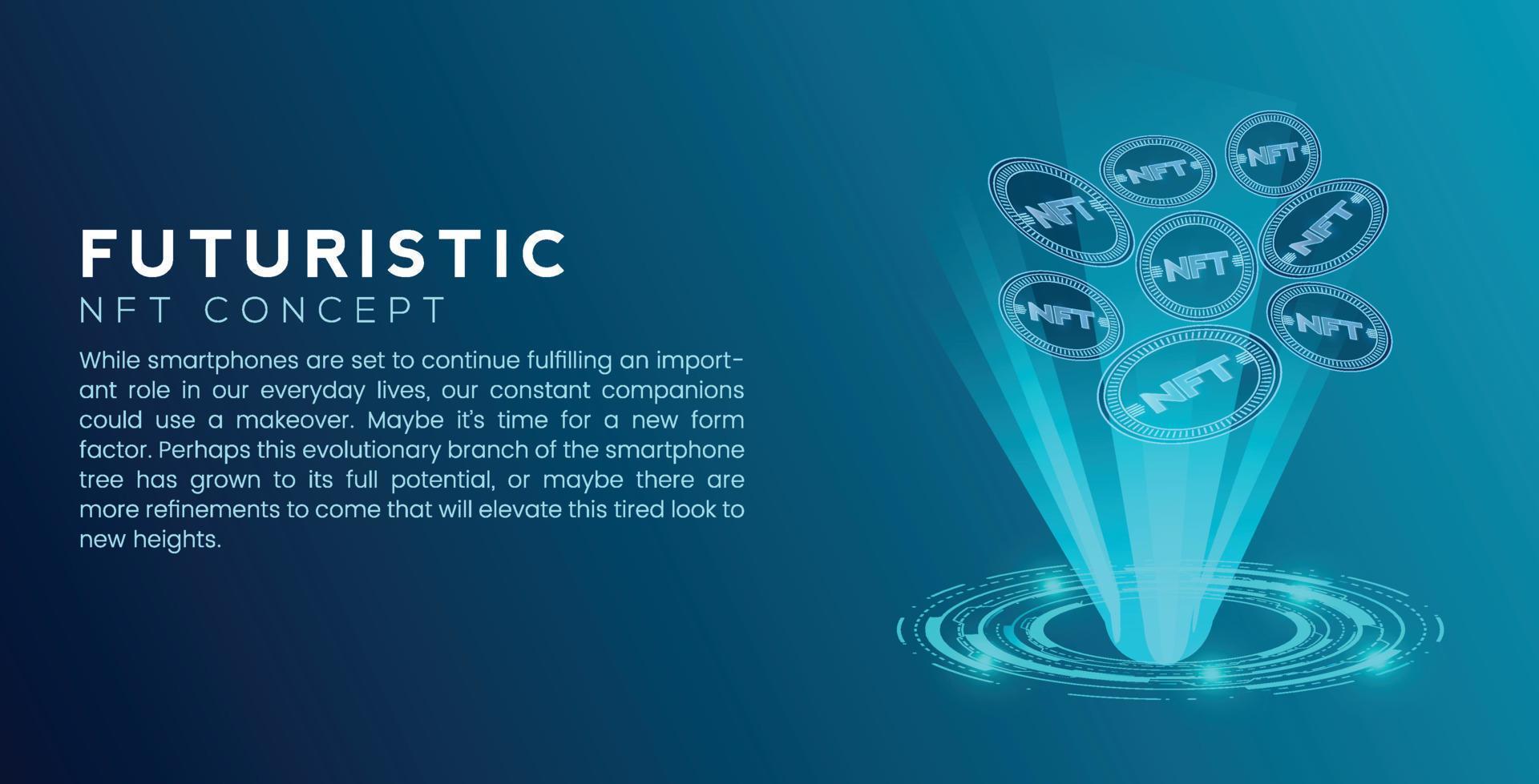 Futuristic non fungible tokens wallpaper with hud and NFT coins vector