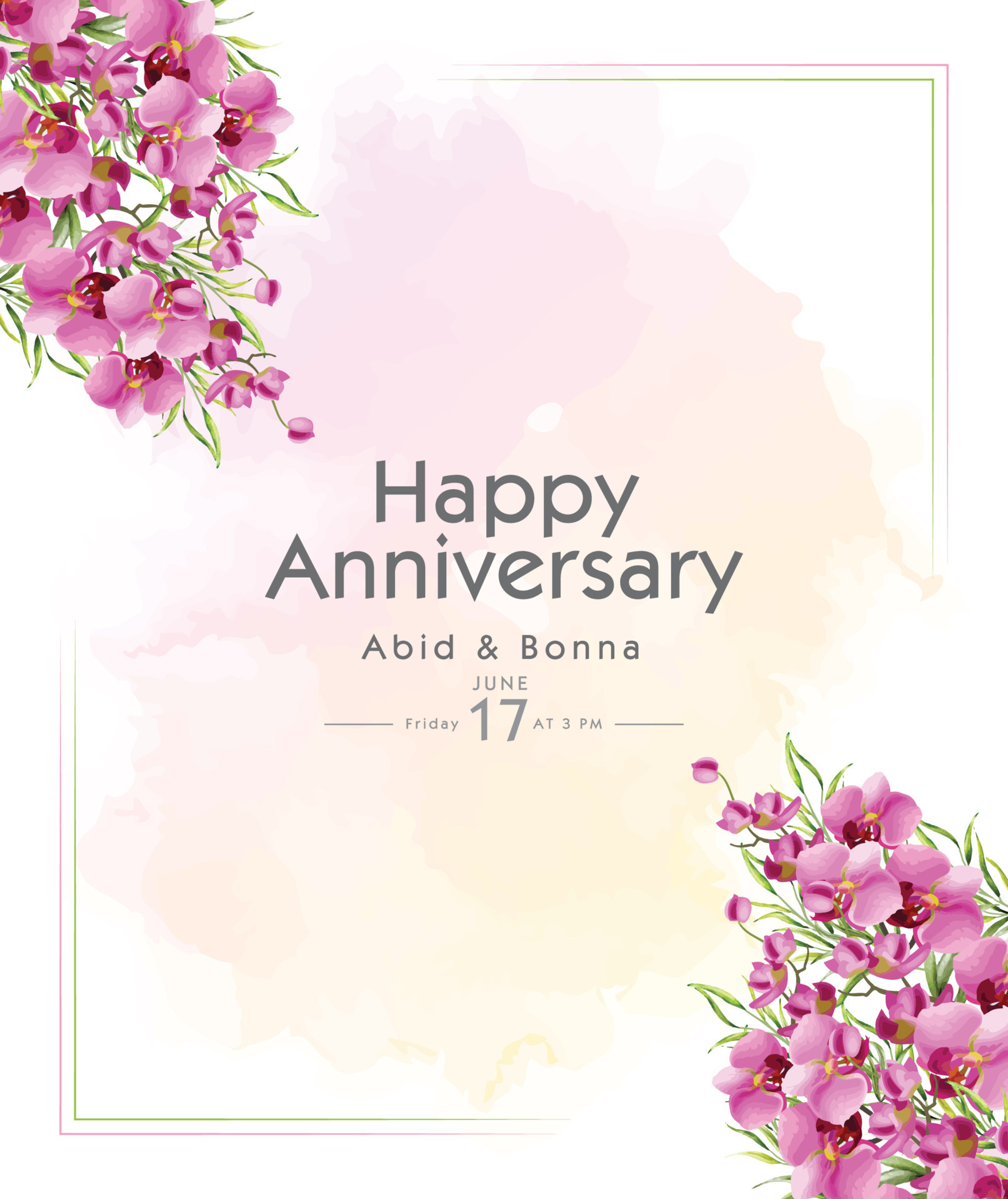 Square frame pink color orchid weeding anniversary card with light  watercolor background 12716020 Vector Art at Vecteezy