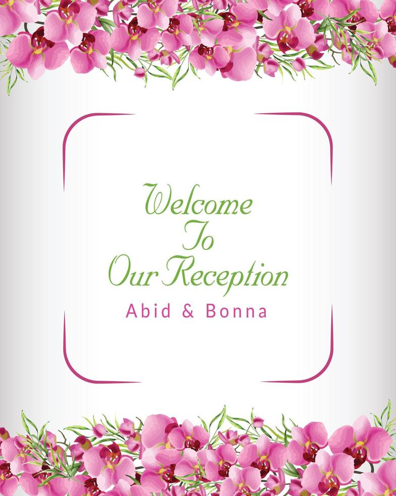 Top and bottom pink orchid bouquet weeding reception card vector