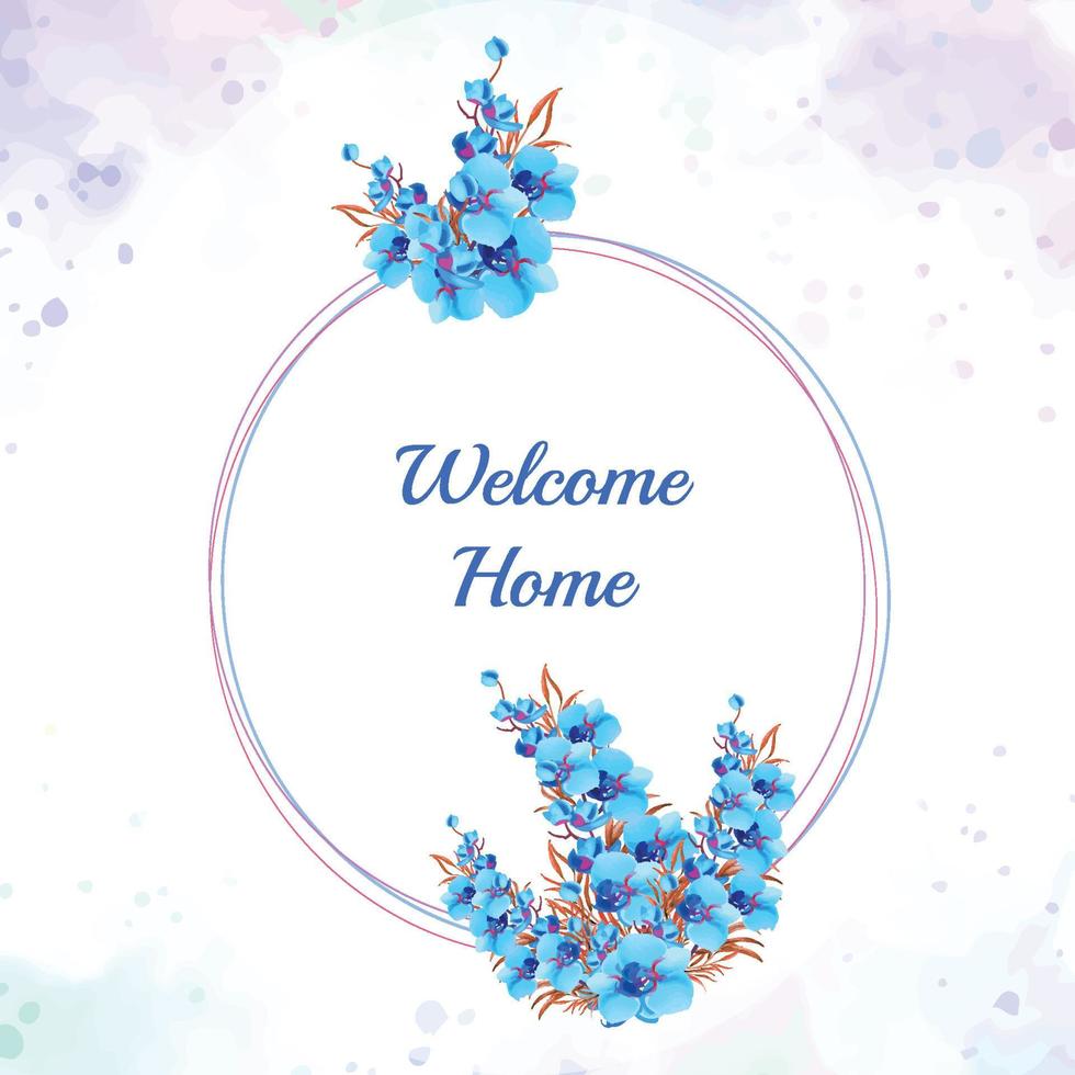 Deep blue orchid bouquet with oval frame and watercolor background welcome card vector
