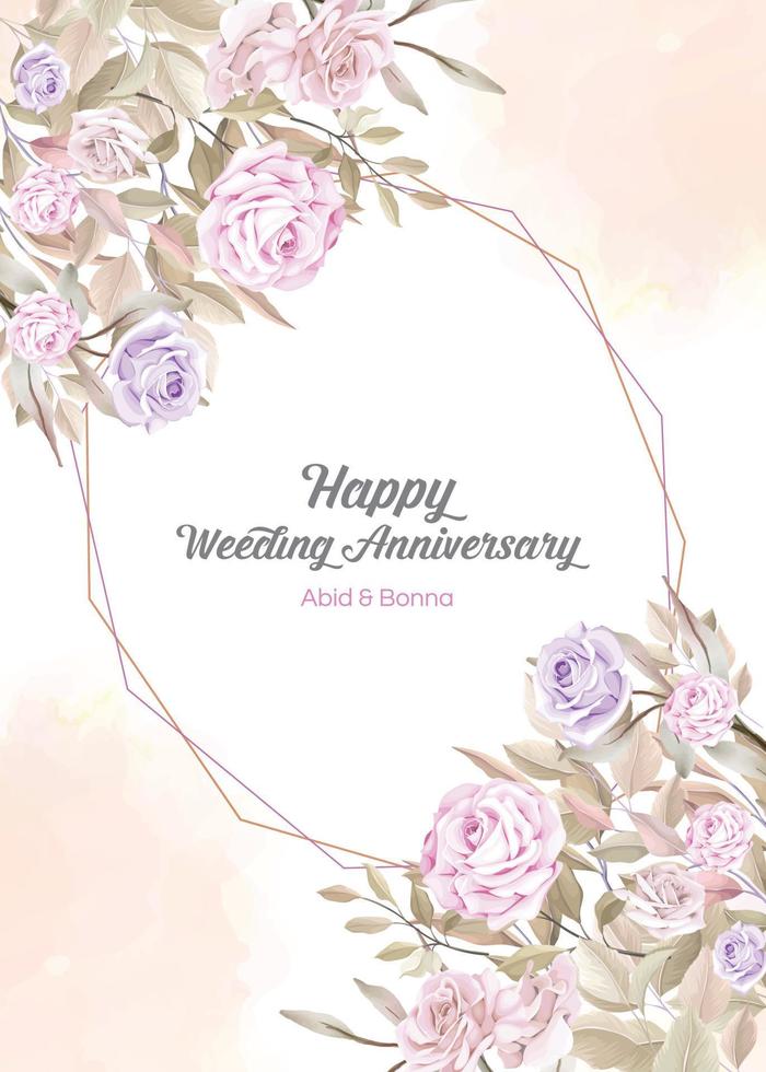Pinkish and purple rose anniversary card with watercolor drop in back vector