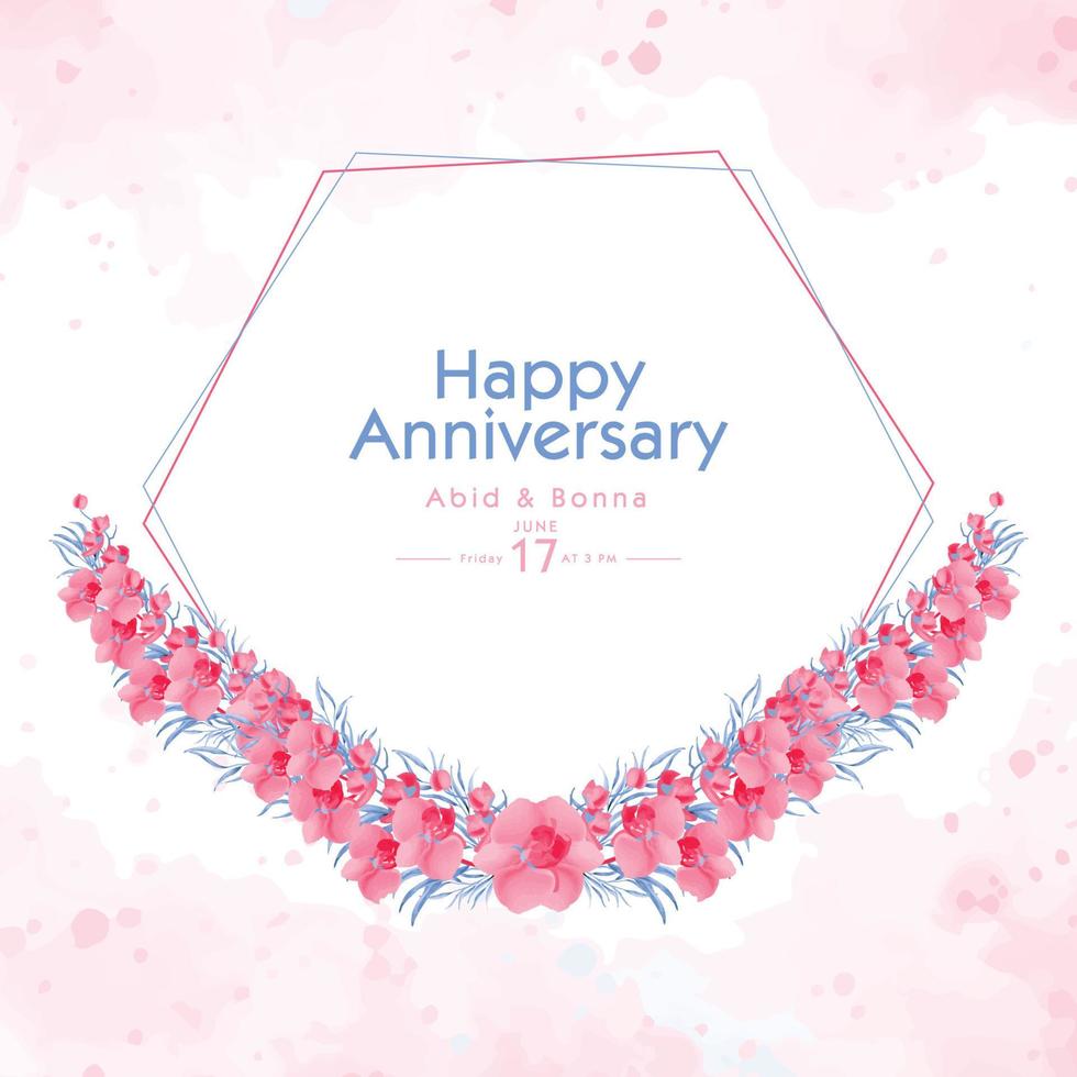 Polygon frame with deep pink orchid and blue leaves anniversary card vector