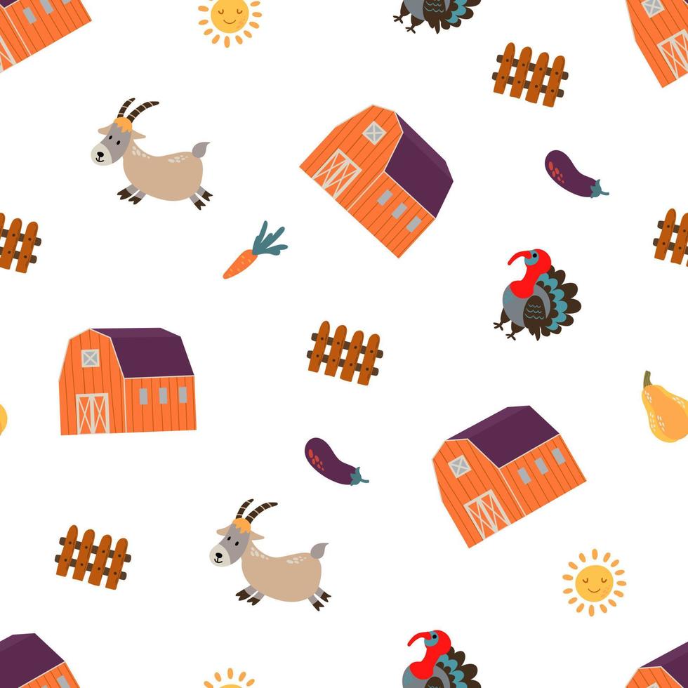Seamless pattern with cute farm illustrations. Farm in hand-drawn style. Design for fabric, textile, wallpaper, packaging. vector