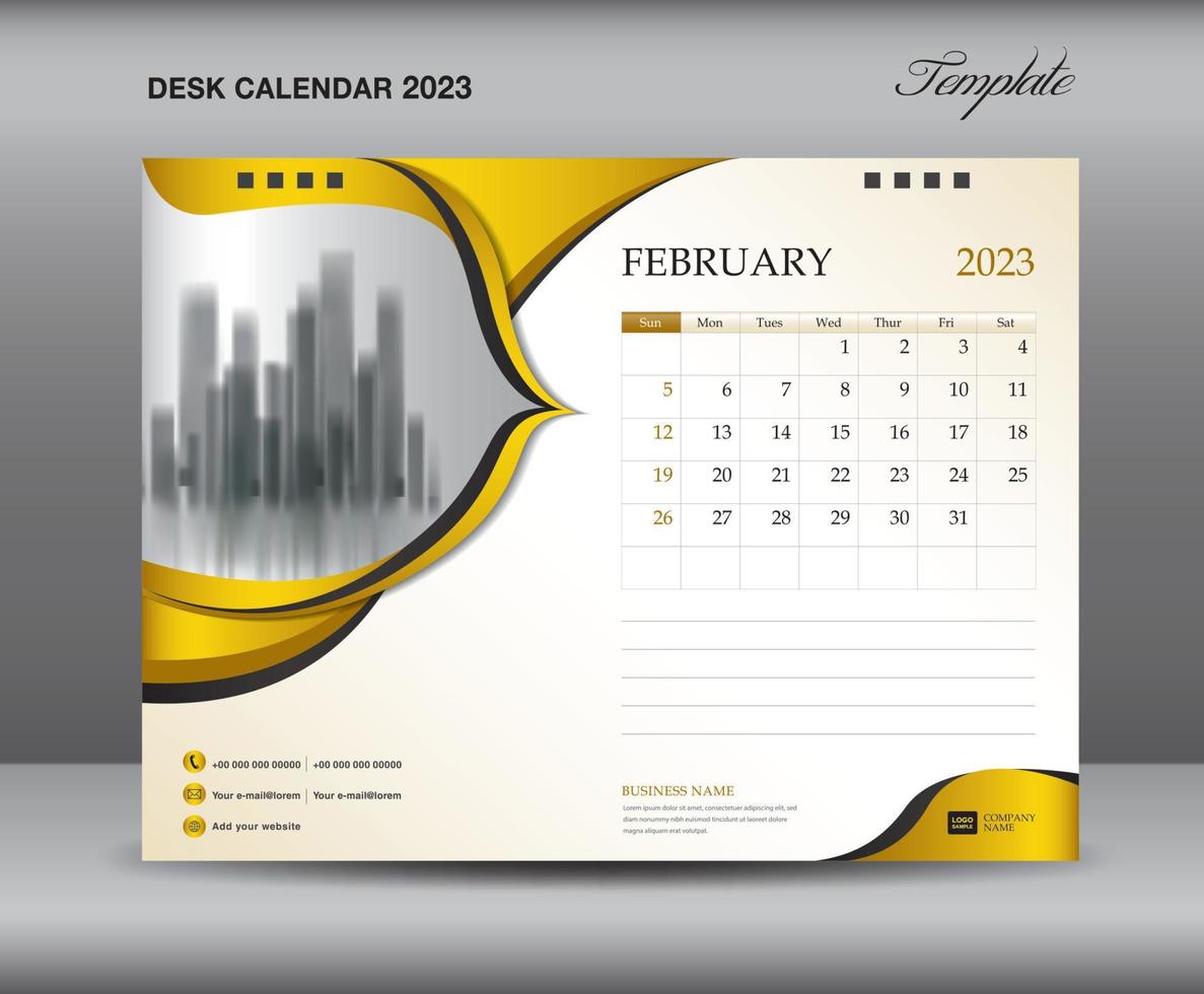 plantilla de calendario 2023 sobre fondos dorados concepto lujoso, plantilla de febrero de 2023, diseño de calendario de escritorio 2023, plantilla de calendario de pared, planificador, medios de impresión, publicidad, vector