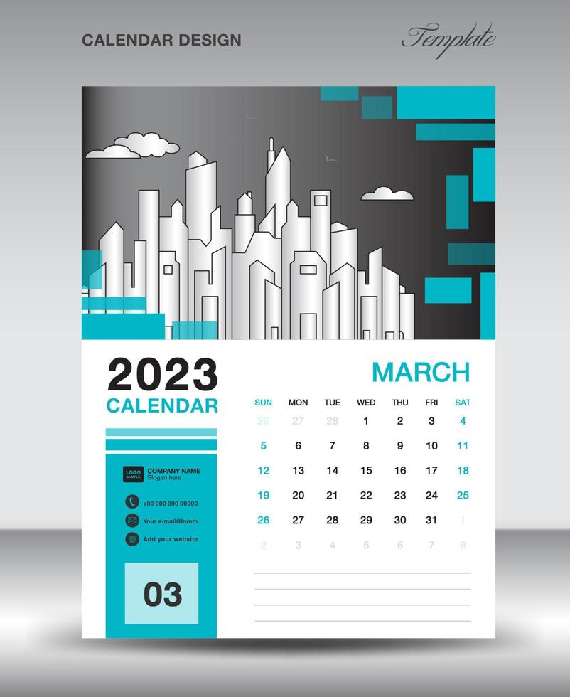 plantilla de diseño de calendario 2023: diseño de año de marzo de 2023, diseño de calendario vertical, plantilla de calendario de escritorio, plantilla de calendario de pared 2023, planificador, la semana comienza el domingo, vector