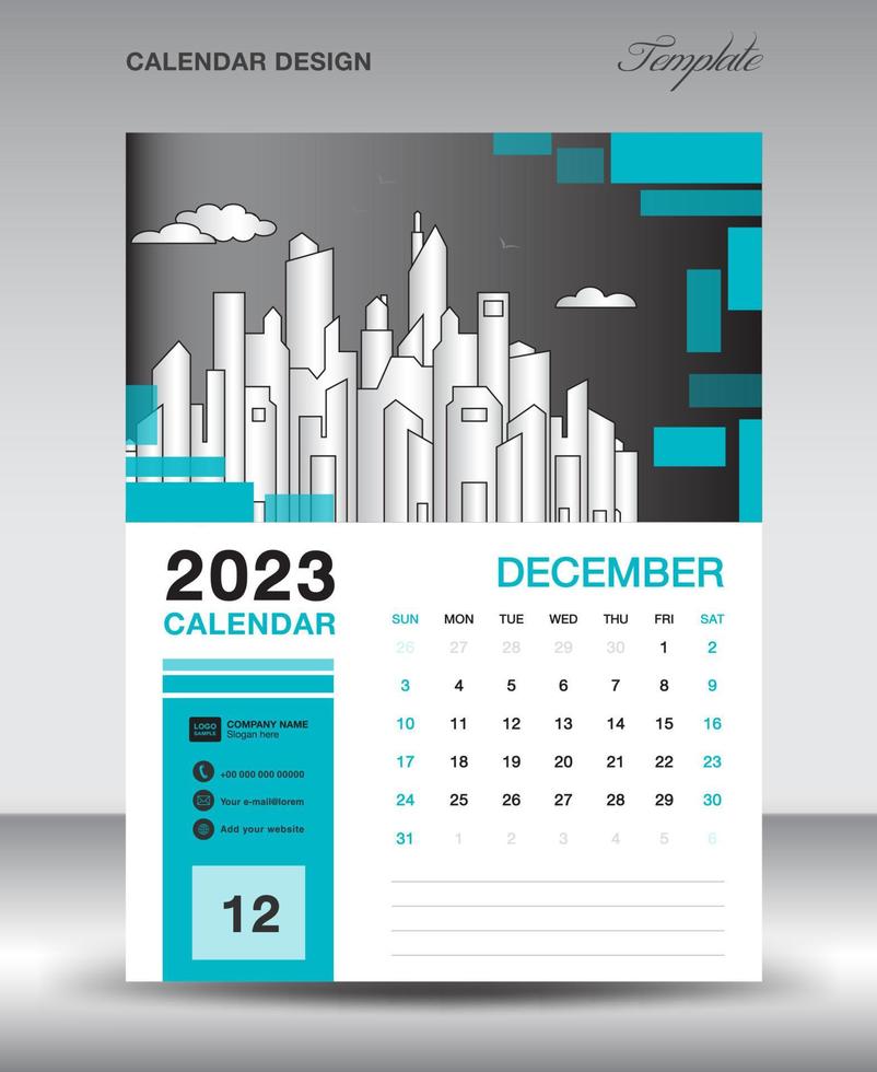 plantilla de diseño de calendario 2023: diseño de año de diciembre de 2023, diseño de calendario vertical, plantilla de calendario de escritorio, plantilla de calendario de pared 2023, planificador, la semana comienza el domingo, vector