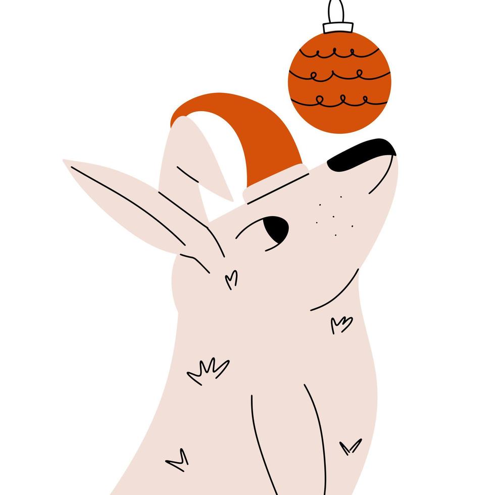 Rabbit and Christmas ball. Symbol of the new year 2023. Vector illustration in hand drawn style