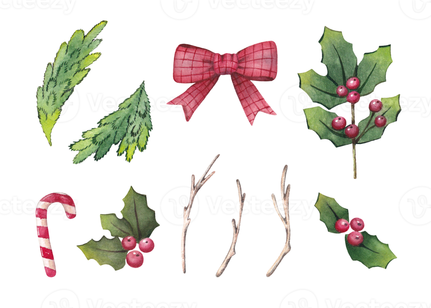 Watercolor set of Christmas elements of fir branches, mistletoe, sweets and bow. Hand drawn watercolor illustration png