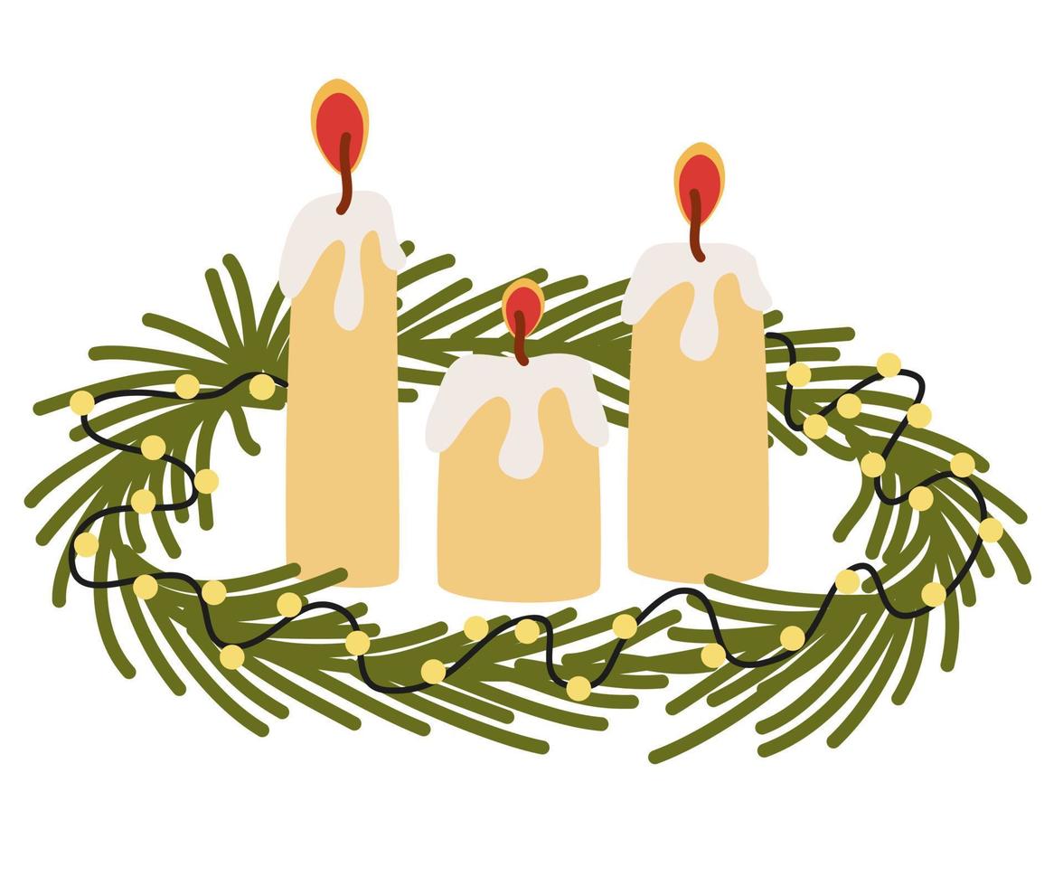 corona de Navidad. decoración para año nuevo, navidad y vacaciones. una corona de ramas de pino y abeto con velas. ilustración dibujada a mano resaltada en un fondo blanco vector