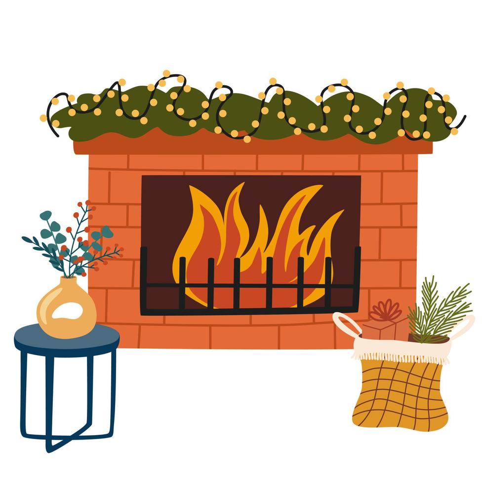 Christmas fireplace. Home fireplaces with socks, stockings, gifts, candles, firs and Xmas decoration. Warm cozy hearths with winter holiday decor. Flat vector illustrations isolated on white