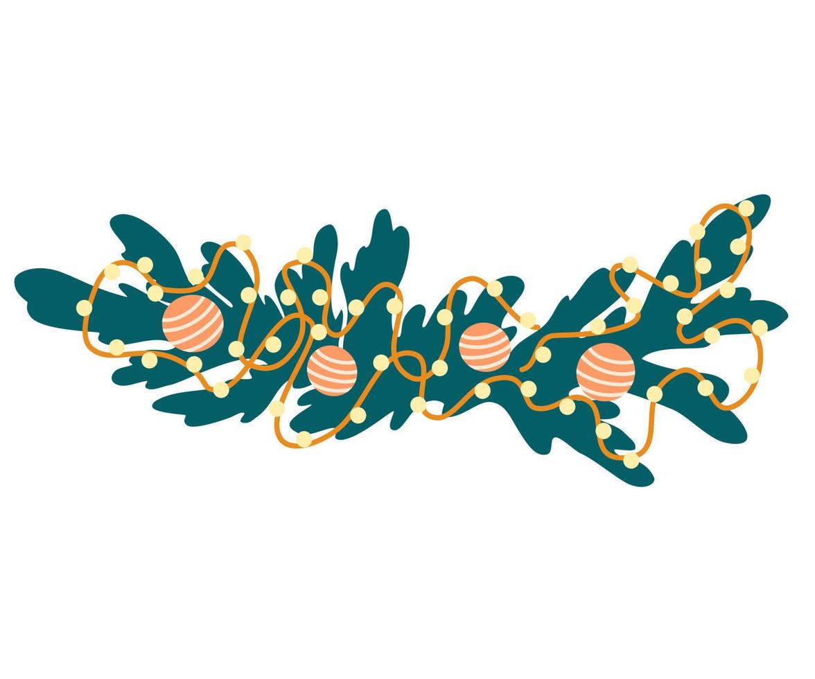 Christmas wreath. Decor for New Year, Christmas and holidays. A wreath of pine and spruce branches with balloons and lanterns. Hand-drawn illustration highlighted on a white background vector