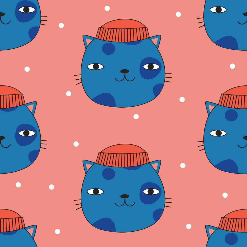 Seamless pattern with cute blue cat in winter hat. Vector illustration