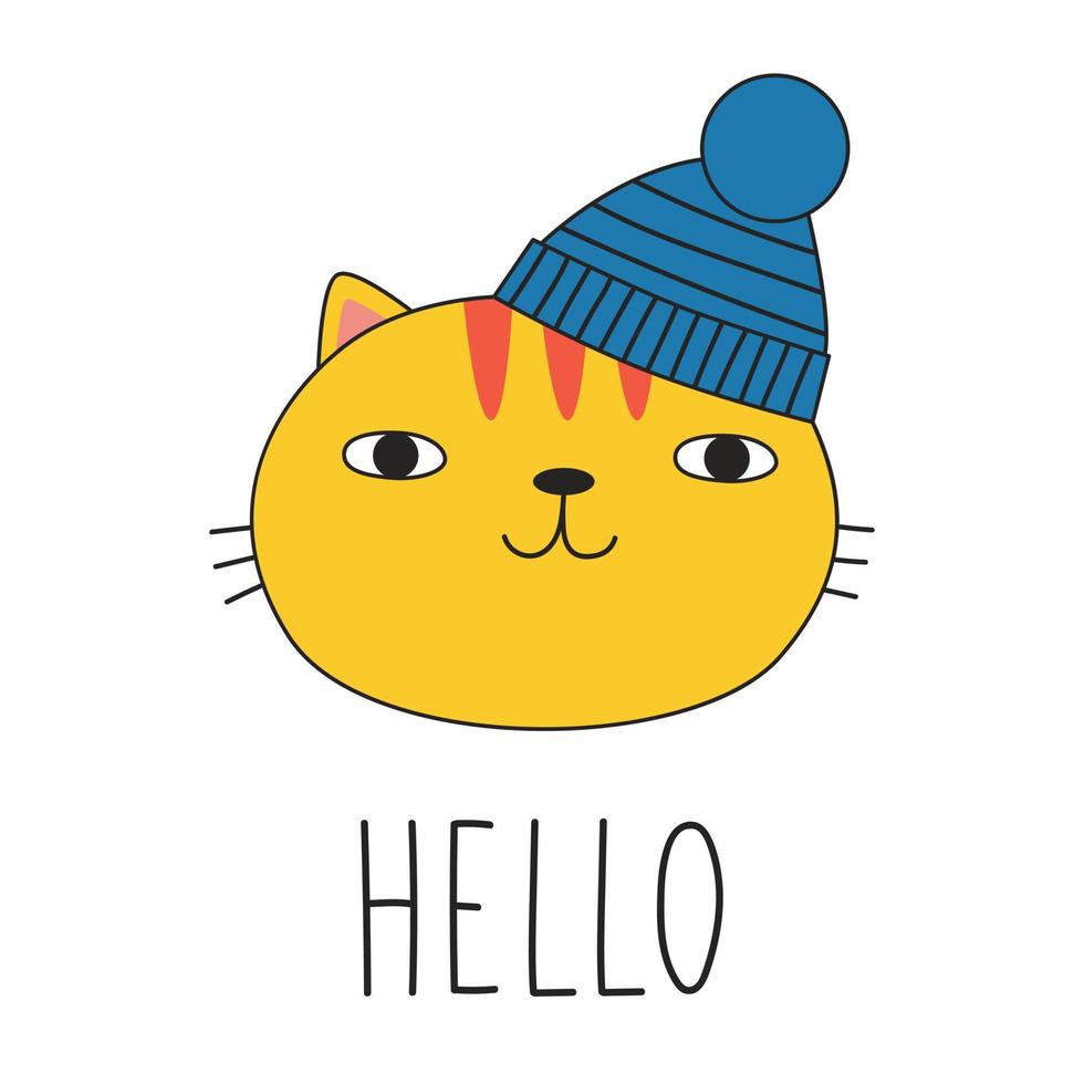 Cute cat in a winter hat and lettering HELLO. Doodle style. Vector illustration