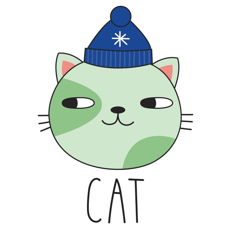 Cute cat in a winter hat and lettering CAT. Doodle style. Vector illustration