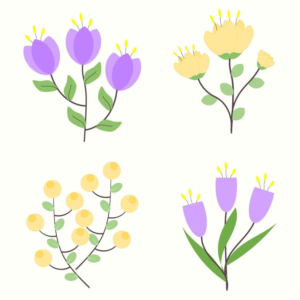 colección de conjunto de flores amarillas dan púrpura dibujadas a mano de fideos. se puede utilizar para decoraciones de primavera o pegatinas. vector