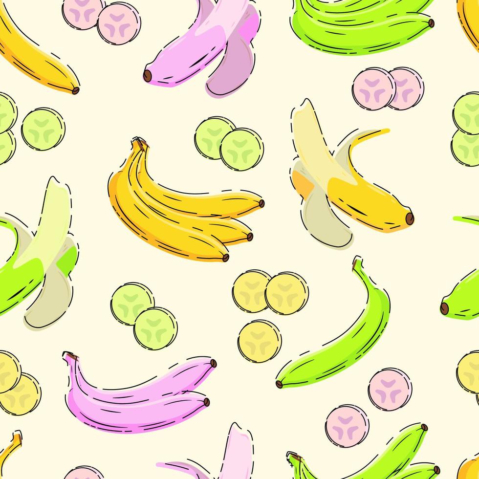 Colorful banana fruit seamless pattern. Flat vector design of fruit background. Fresh slices banana.