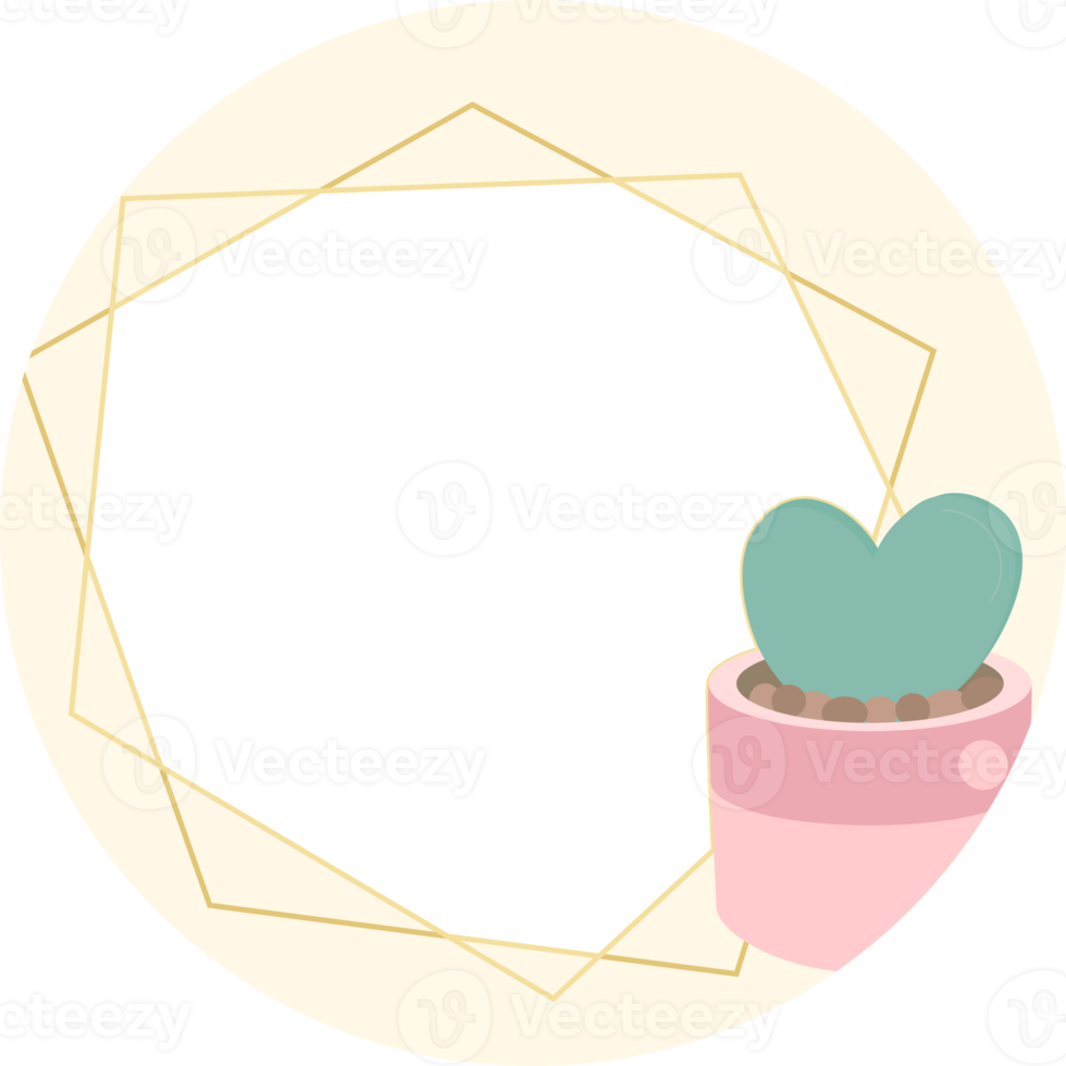 cactus and succulent flat style with golden geometric frame sticker png