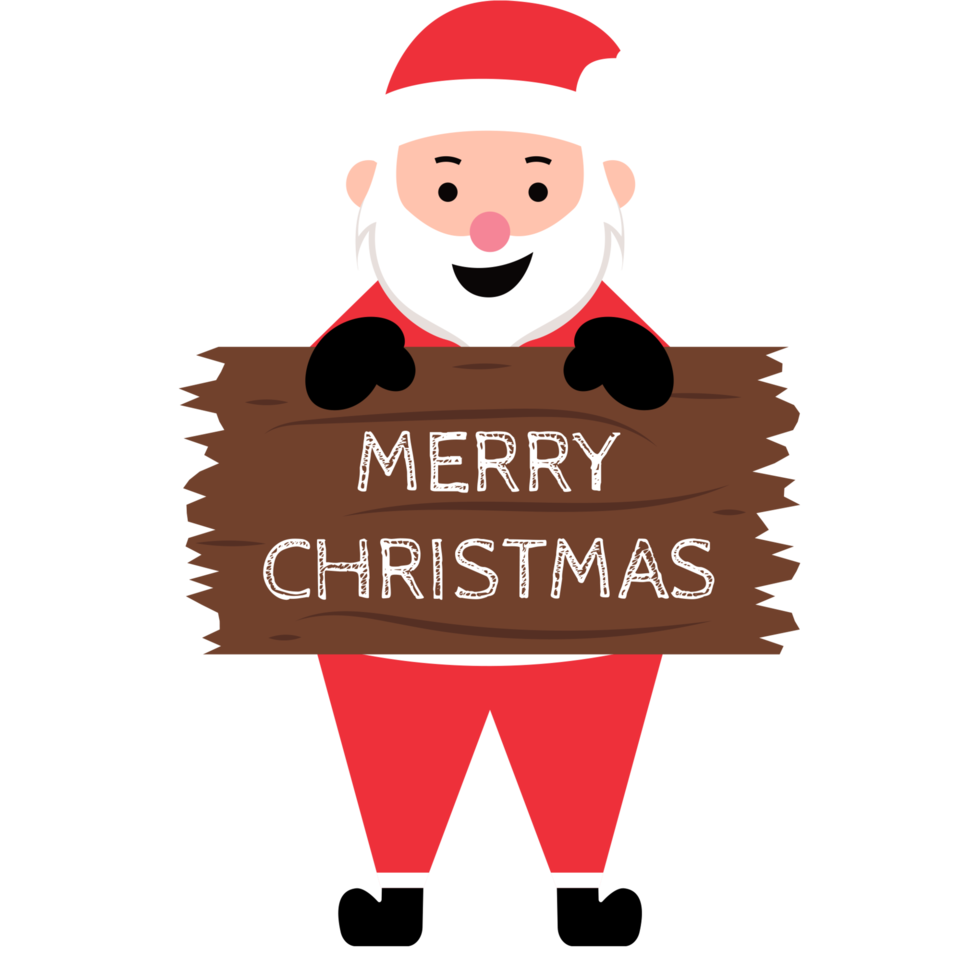 Funny happy Santa Claus character with gift, waving, and greeting in transparent background png