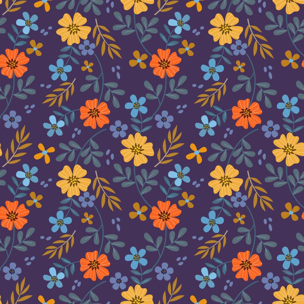 Colorful flowers on purple color seamless pattern. vector