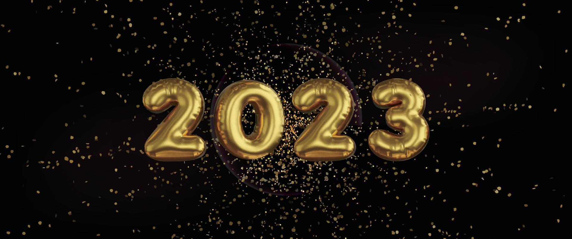 Gold powder spreading outwards on black background with golden inflatable balloons for 2023 vector