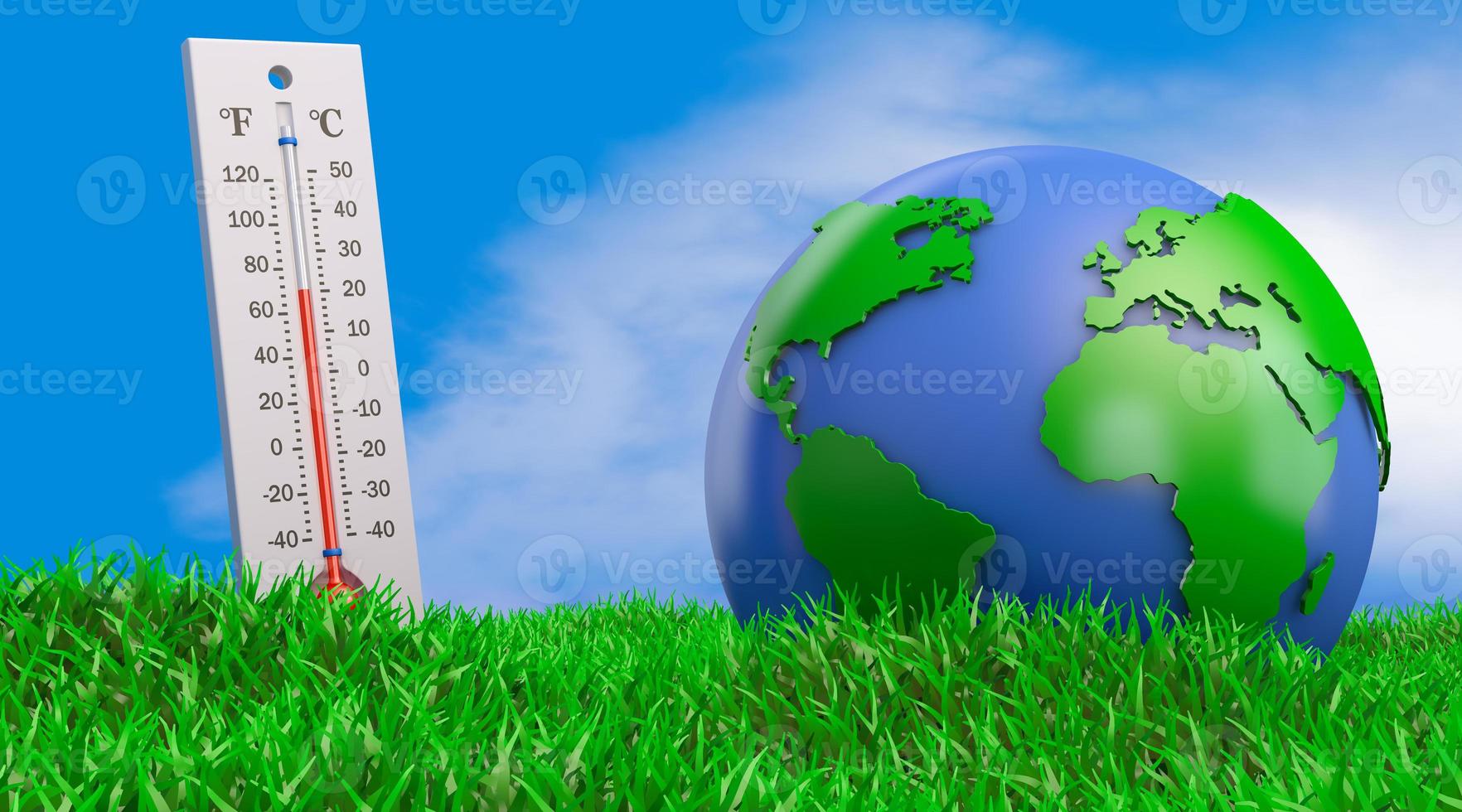 Thermometer and globe on the grass photo