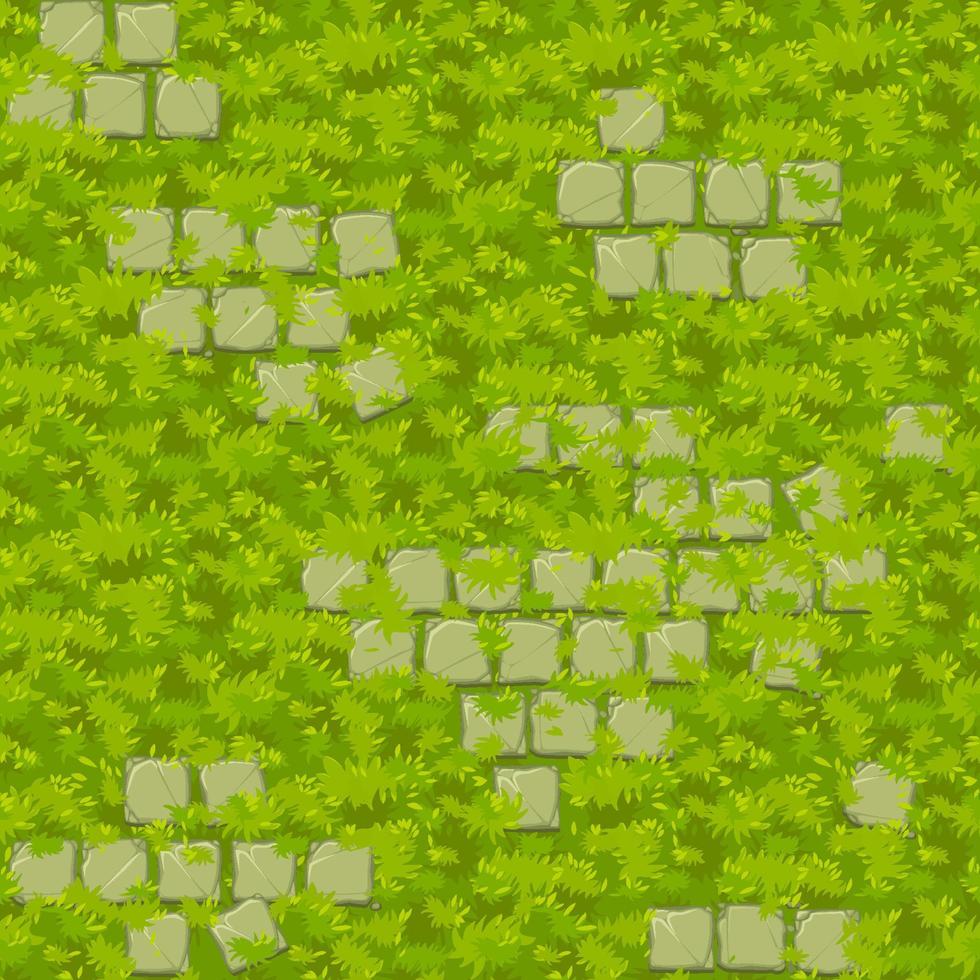 Seamless green grass texture with old stone tiles. 12716469 Vector Art