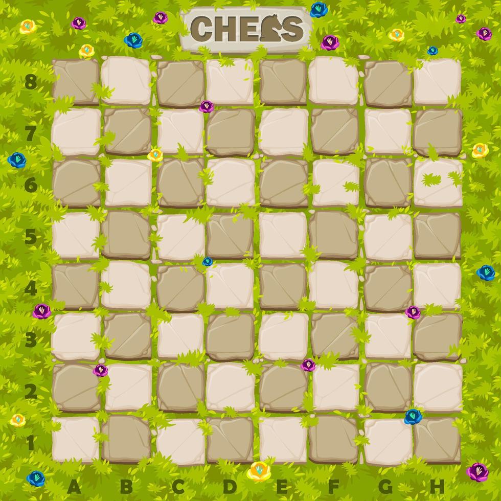 Stone chessboard on a background of meadow with flowers. Vector game chess online.