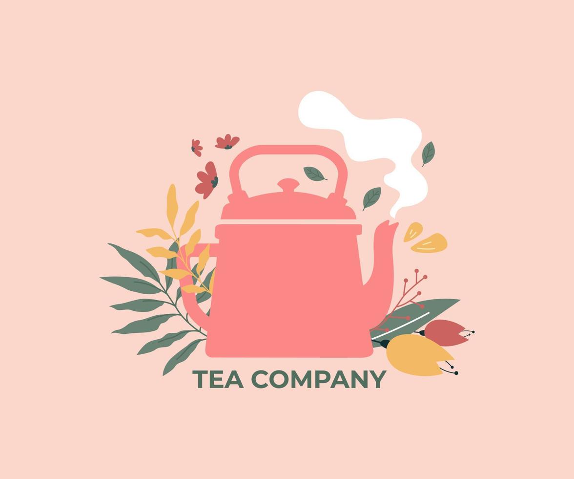 Bonita ilustración vectorial de tetera con algunas hojas y flores. adorable tetera dibujada a mano para logo vector