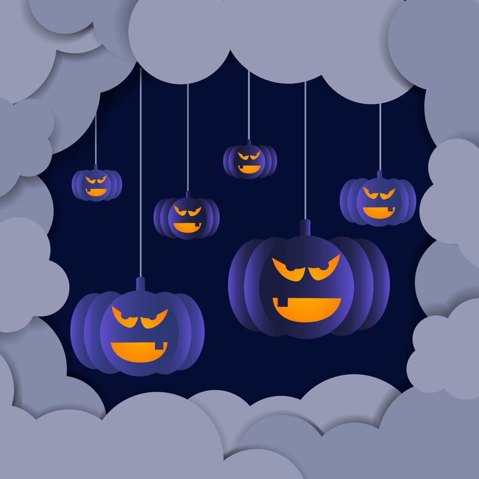 Background picture with a spooky castle, graveyard, bats and pumpkins on Halloween night. Vector elements for banner, holiday greeting card, Halloween party poster.