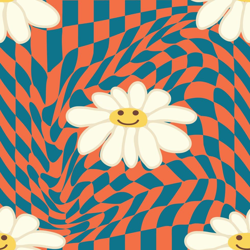 Retro Smile Chamomile Seamless Pattern on 1970 Wavy Swirl Seamless Pattern. Hippie Aesthetic. vector