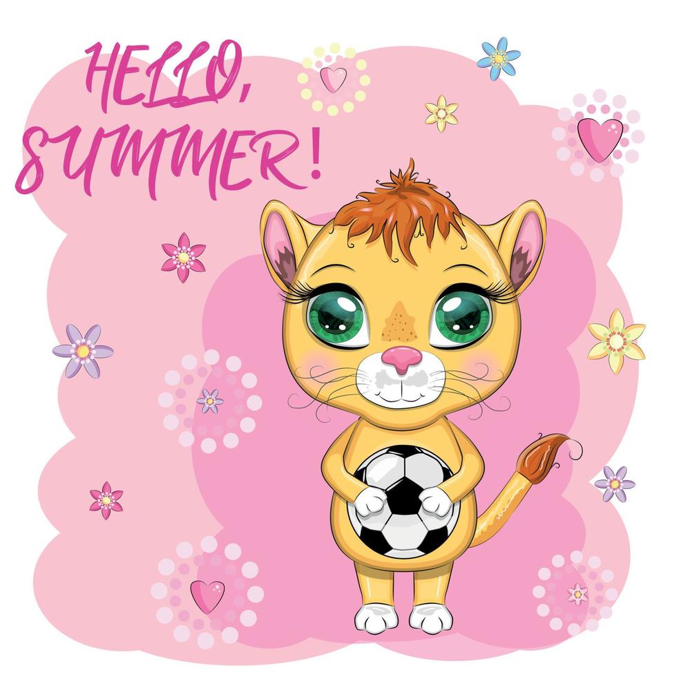 León de dibujos animados con una pelota de fútbol. personaje con hermosos ojos, infantil. concepto de deporte vector