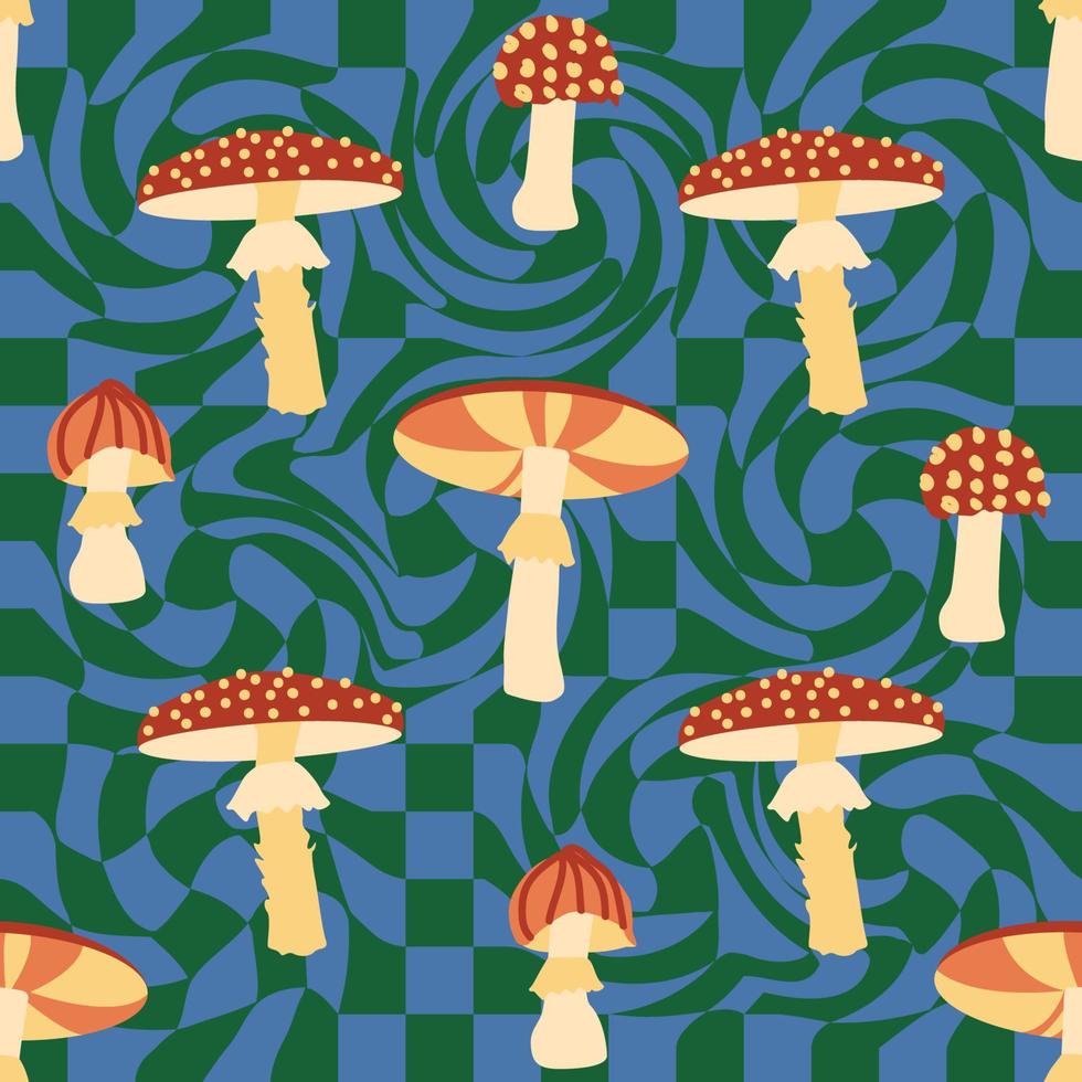 Magic psychedelic drug mushrooms seamless pattern. Psychedelic hallucination. 60-70s hippie colorful art. Vintage psychedelic textile vector