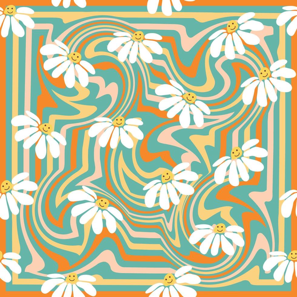 Groovy daisy retro seamless pattern. Retro Smile Chamomile Pattern on 1970 Hippie Aesthetic. vector