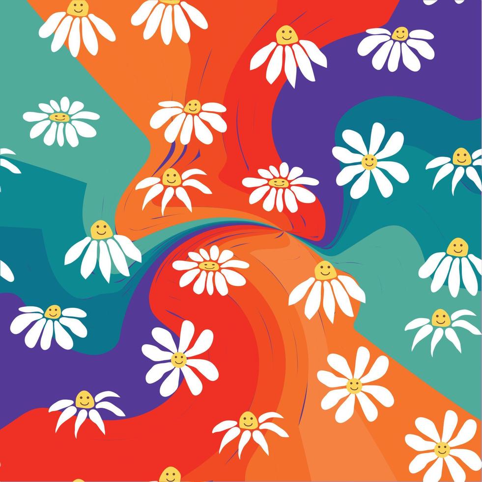 Groovy daisy retro seamless pattern. Retro Smile Chamomile Pattern on 1970 Hippie Aesthetic. vector