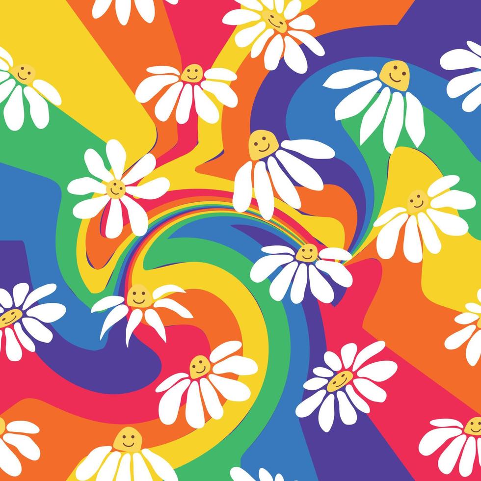 Groovy daisy retro seamless pattern. Retro Smile Chamomile Pattern on 1970 Hippie Aesthetic. vector