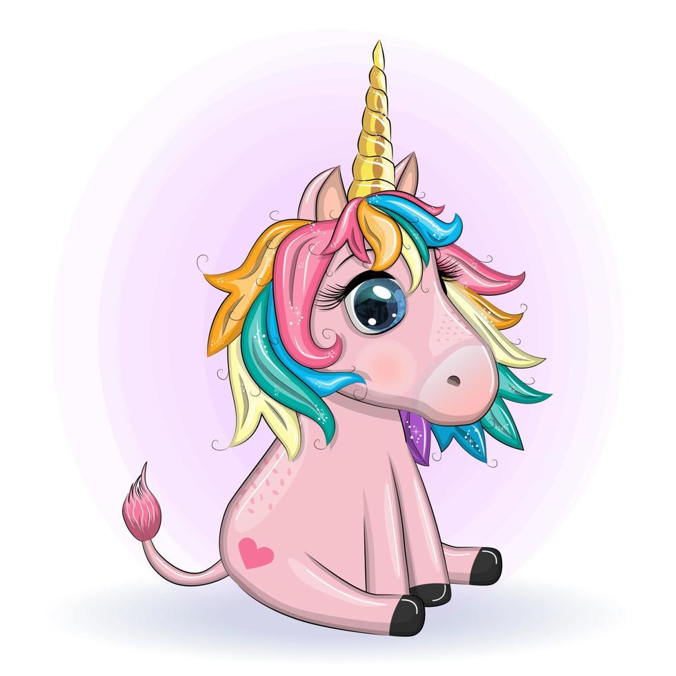 Pink unicorn pony sitting. Cute baby card, baby girl with big eyes vector