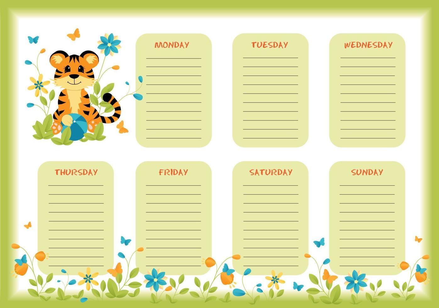 planificador semanal y diario de la escuela con un lindo tigre. vector