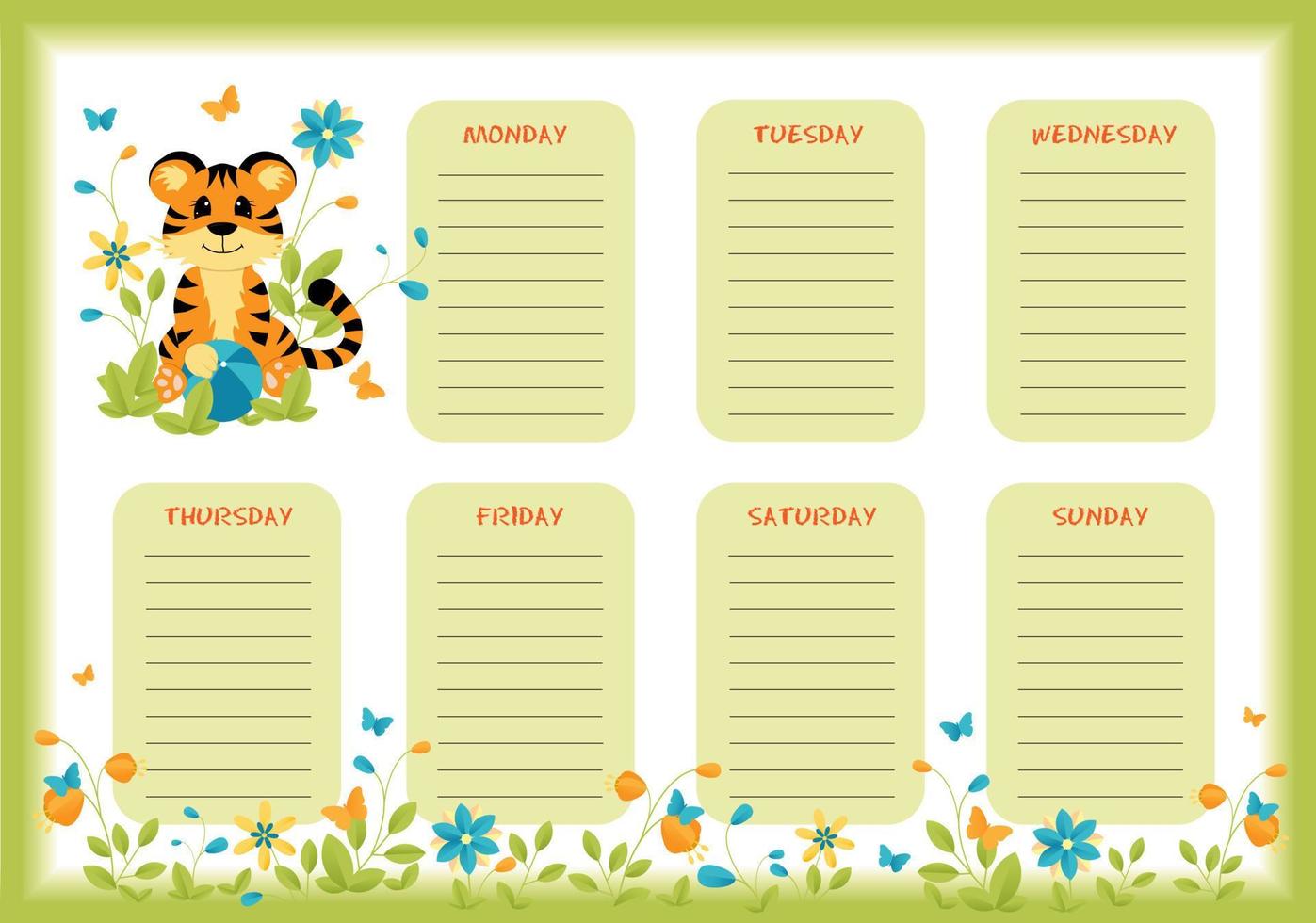 School weekly and daily planner with cute little tiger. vector