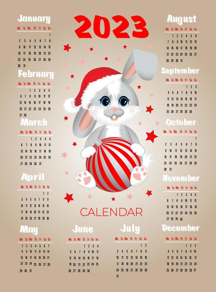 Calendar 2023 with symbol of the year hare rabbit. Cute little harerabbit sitting with christmas ball. Week starts on Monday. vector