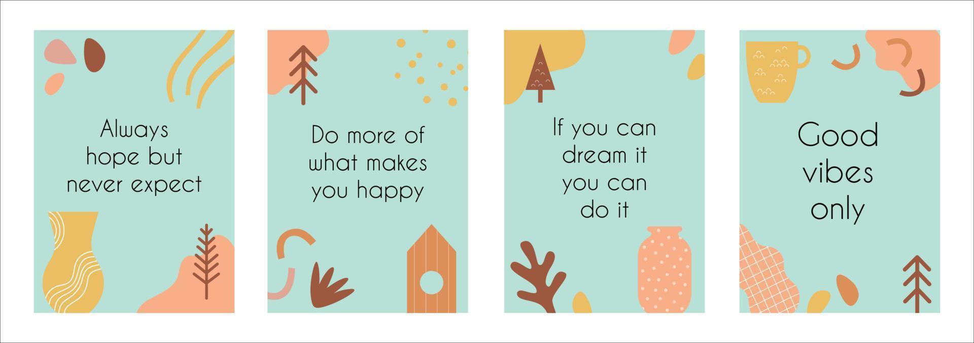 A set of vertical poster with abstract elements and text. Cute vector premade posters in a trendy cute hand drawn style. Perchect for home decoration, notebooks, motivational banners